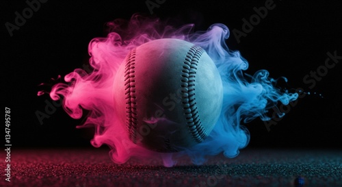A baseball suspended in colorful smoke, with vivid pink and blue hues against a dark background.
