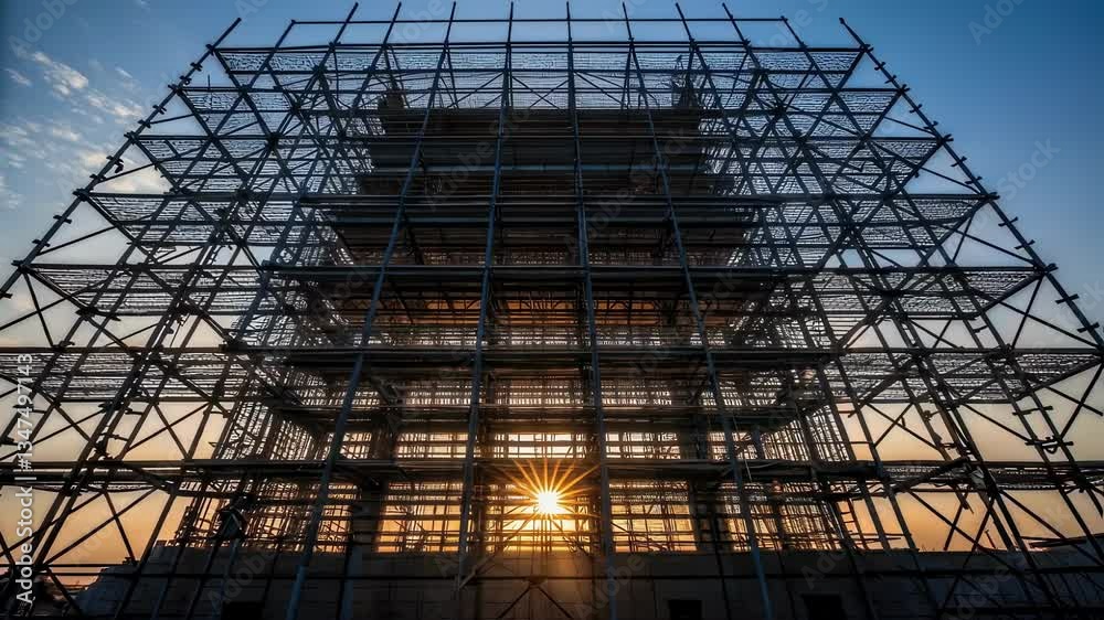 Warm sunlight shines through metal scaffolding surrounding a building under construction, creating a striking silhouette against the colorful sunset sky