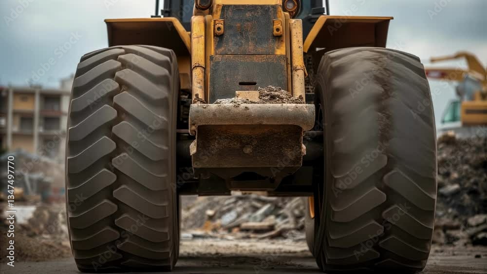 Progressive deflation of a wheel loader tire on a construction site, highlighting the risks and importance of proper tire maintenance for heavy machinery Progressive deflation of a wheel loader tire on a construction site, highlighting the risks and importance of proper tire maintenance for heavy machinery