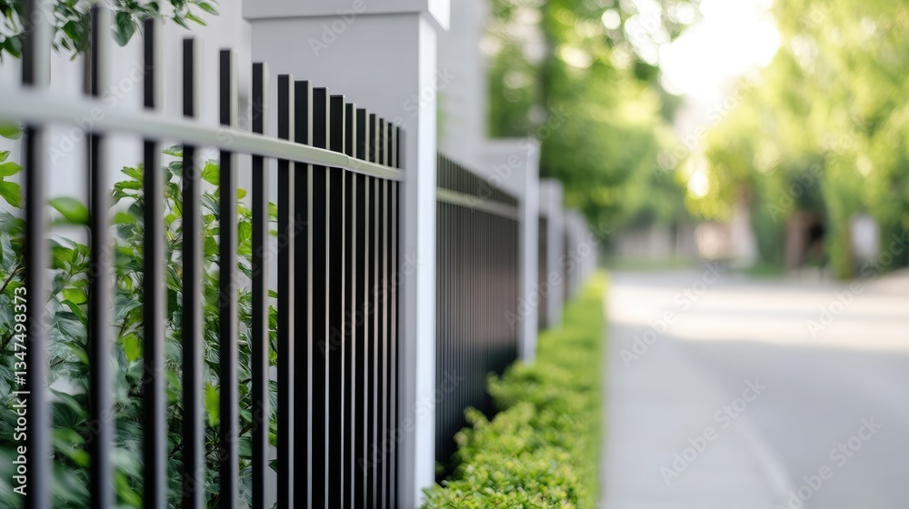 Fototapeta premium Residential fence along street with greenery