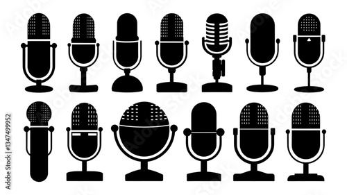 Collection of Microphone Icons, Black and White Designs for Audio, Podcast, and Recording