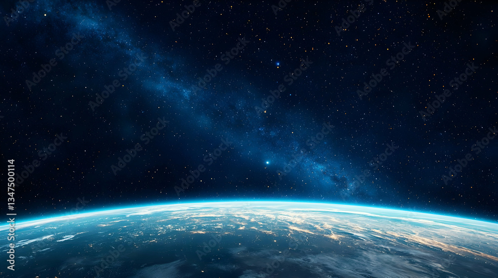 Fototapeta premium Stunning View Of Planet Earth From Space With Bright Galaxy And Stars In Blue Night Sky