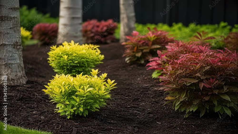 Golden forsythia and silver pieris japonica flourishing through dark mulch near palm trees, highlighting seasonal garden landscape with vibrant growth and color variation