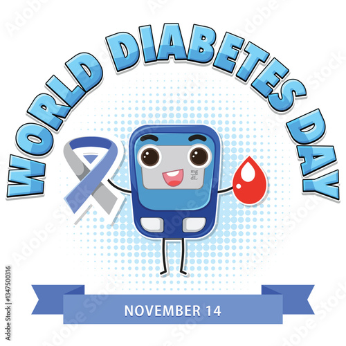 World Diabetes Day Cartoon Banner with Glucometer and Awareness Ribbon