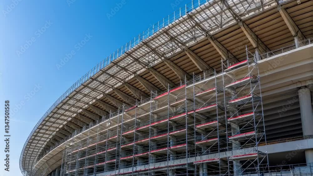 Construction workers constructing large stadium framework. Scaffolding covering exterior structure against bright blue sky. Showcasing modern urban development and architectural engineering progress Construction workers constructing large stadium framework. Scaffolding covering exterior structure against bright blue sky. Showcasing modern urban development and architectural engineering progress