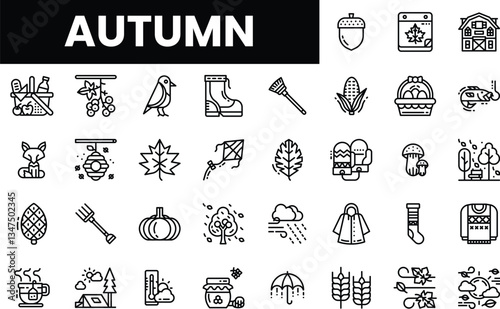 A collection of autumn-themed icons in black and white illustrations.