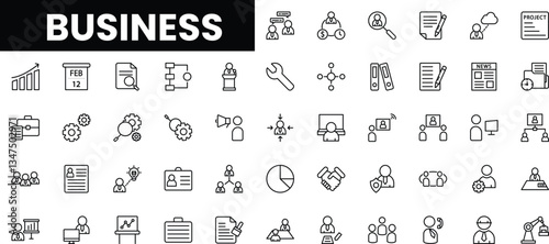 A collection of business icons representing various concepts in a minimalist style.