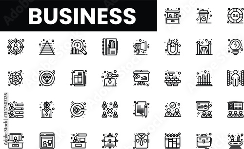 Set of modern business icons in a monochrome design, suitable for various applications.