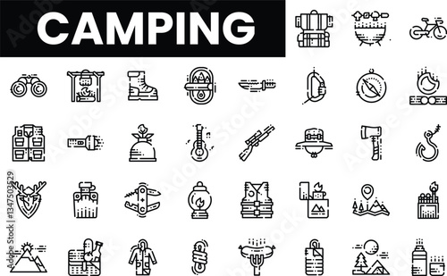 A collection of camping-themed icons featuring gear and outdoor activities.