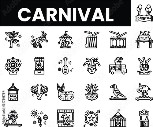 A vibrant collection of carnival-themed icons showcasing fun and festivities.