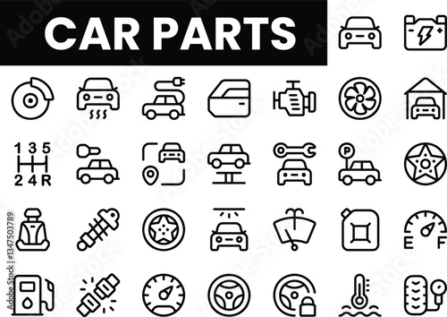 Collection of car parts icons, showcasing various automotive components.