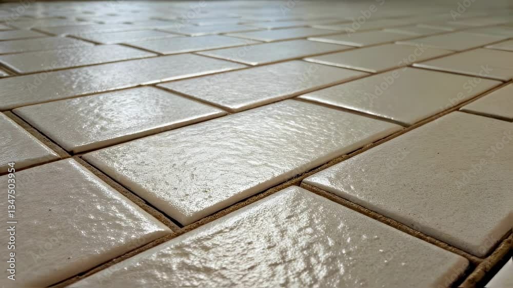 Light reflects on a clean white tiled floor creating a sense of spaciousness and cleanliness, ideal for architectural or interior design projects