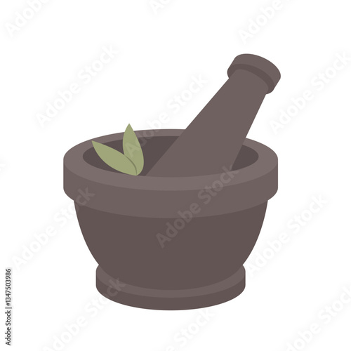 Mortar and pestle. Traditional grinder. Dish, bowl for cooking spices. Kitchen tool, cookware. Pharmacy utensil. Flat isolated vector illustration on white background	