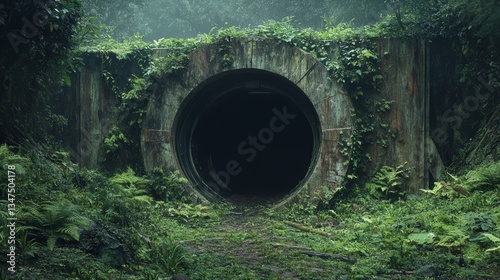 A nuclear bunker entrance, hidden in a forest, surrounded by overgrown plants 
