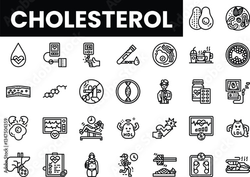 A collection of monochrome icons representing cholesterol and health themes.