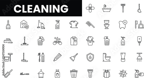 A diverse collection of cleaning icons, showcasing various cleaning tools and products.