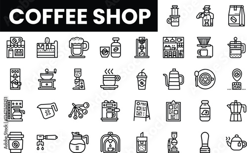 Illustrative coffee shop icons showcasing various brewing methods and coffee products.