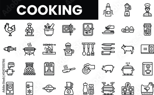 A collection of cooking icons featuring various utensils and ingredients in black and white.