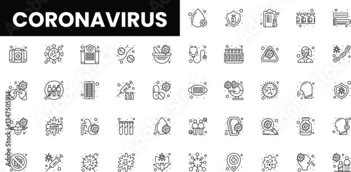 Various coronavirus-related icons in a minimalist design, featuring health symbols.