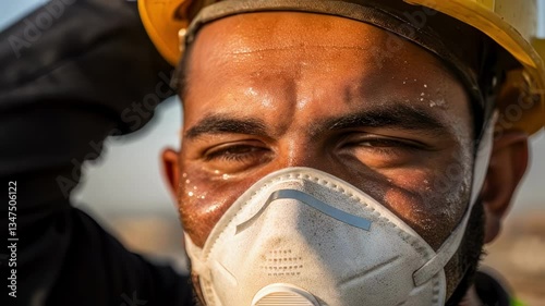 Professional construction worker wearing hard hat and protective mask, wiping perspiration during intense physical labor under sweltering summer conditions