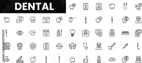 Vector dental icons representing care, hygiene, and treatment services.