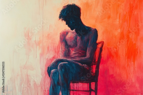 Contemplative figure seated on a chair against a vibrant orange and red background expressing introspection and solitude photo