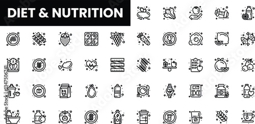 A collection of minimalistic black and white icons representing diet and nutrition.