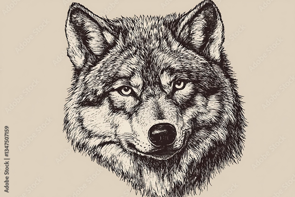 Fototapeta premium Wolf Head for Pen Sketch, Wildlife Art, Beige Background.