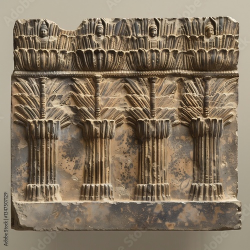Intricately detailed Assyrian wall relief showcasing powerful king wearing horned crown priest presenting offering god stone panel decorated Mesopotamian motif including winged deity lamassu figure photo