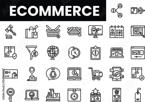 Ecommerce concept icons featuring shopping, transactions, and digital marketing.