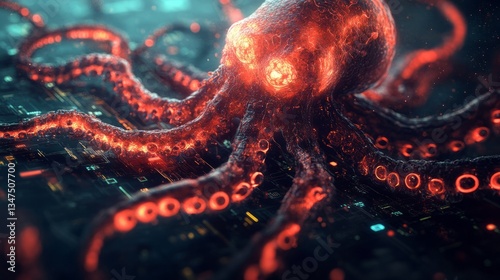 A virus attacking a digital network, represented as glowing red tentacles in cyberspace 