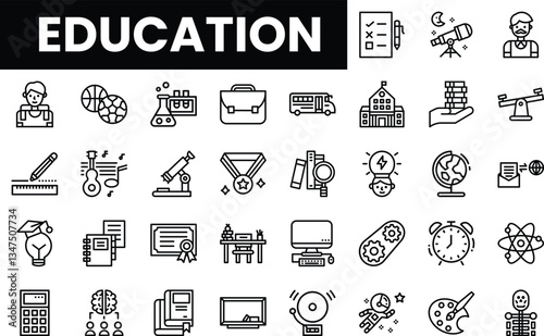 A diverse collection of line icons representing various aspects of education.