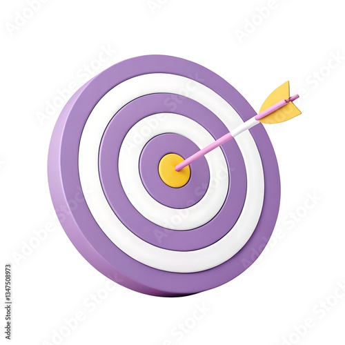 A perfectly aimed arrow striking the bullseye of a vibrant purple and white target, symbolizing achievement and precision with a playful 3D design.
