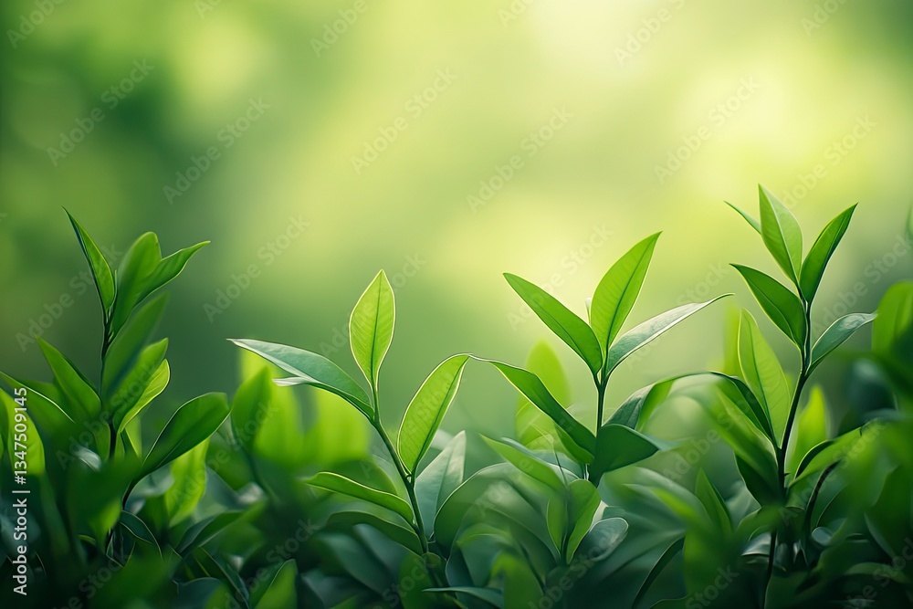 Fototapeta premium Green Tea Leaves Growing Background with Soft Focus Spring Light