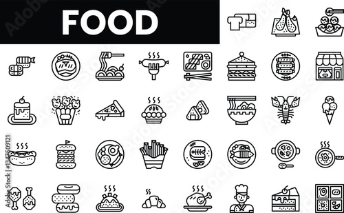 A collection of delicious food icons in black and white line art style.