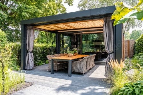 Modern outdoor dining pavilion with gray pergola and deck