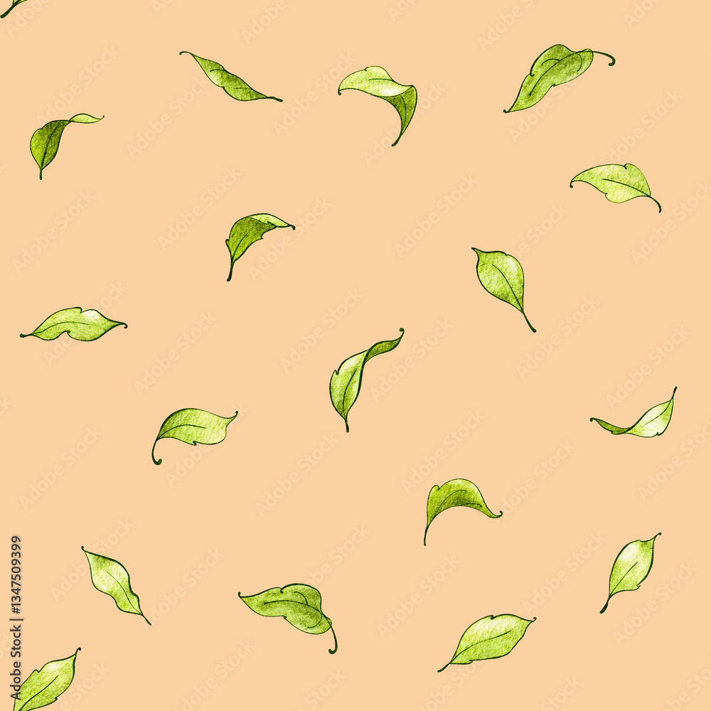 Beautiful green leaves scattered on a soft peach background creating a calming pattern Beautiful green leaves scattered on a soft peach background creating a calming pattern