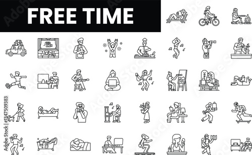 A diverse collection of line art illustrations representing leisure activities.