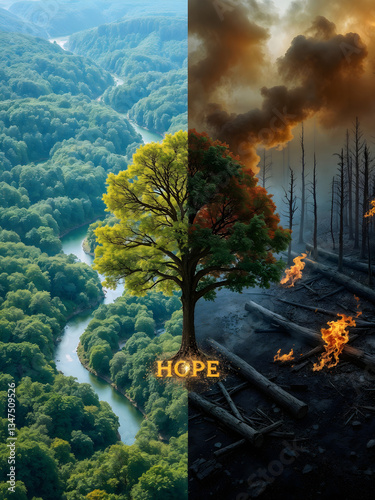 double vision between a preserved environment and a deforested or burned area(1).