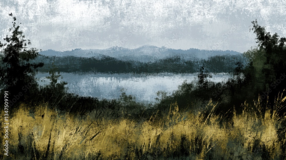 Fototapeta premium An artistic painting of a landscape scene with water and mountains