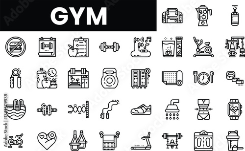 A collection of gym-related icons in a minimalist style, including fitness equipment.