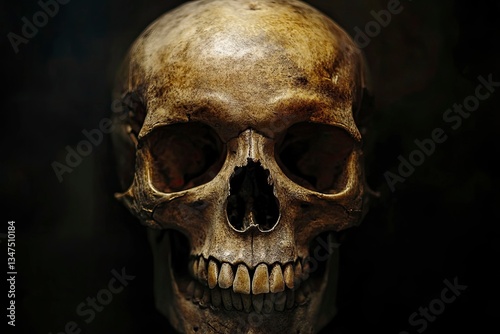 Human Skull Close Up on Dark Background Halloween Horror Concept