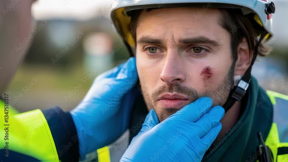 Firefighter Rashes Outdoor medical examination of a firefighter with facial injury ...