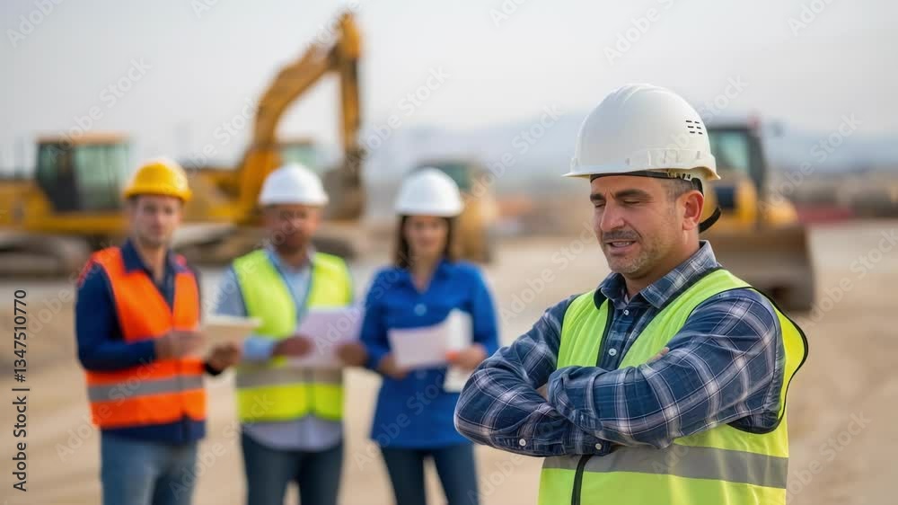 Construction site manager wearing a safety helmet and vest explaining something to his team of engineers and architects on a construction site with excavators and bulldozers in the background Construction site manager wearing a safety helmet and vest explaining something to his team of engineers and architects on a construction site with excavators and bulldozers in the background