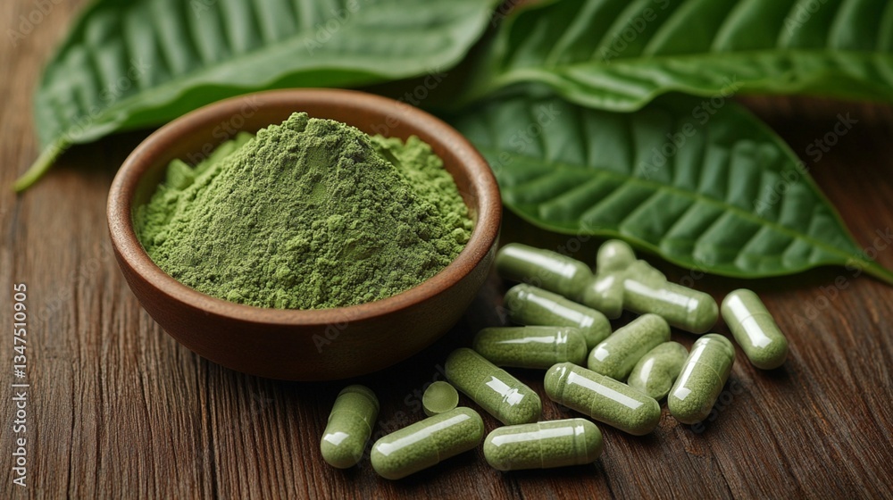 Green Kratom Powder with Capsules and Mitragyna Speciosa Leaf Green Kratom Powder with Capsules and Mitragyna Speciosa Leaf