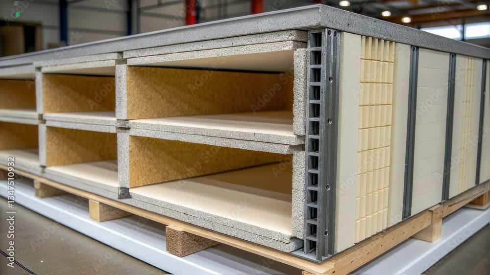 Construction workers assembling prefabricated, insulated wall panel, showcasing its layered structure of concrete, insulation, and internal supports in a factory setting Construction workers assembling prefabricated, insulated wall panel, showcasing its layered structure of concrete, insulation, and internal supports in a factory setting