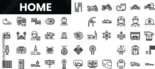 A collection of diverse racing-related icons in a minimalist black and white style.