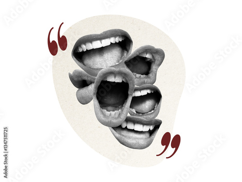 Contemporary art collage featuring screaming mouths. Communication concept, public opinion, public speaking, society, media. Message