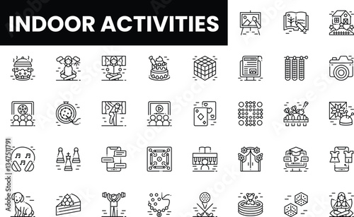 Variety of indoor activities illustrated through simple line icons.