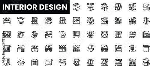 A collection of modern interior design icons illustrating various home elements.
